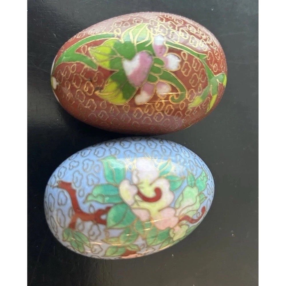Brass Metal Cloisonne Enamel Eggs 2 Floral Design 3" Collector Pieces